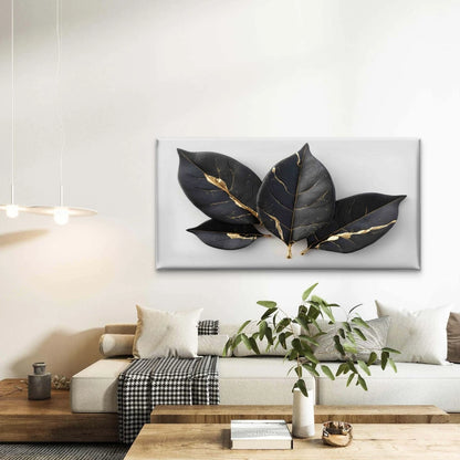 Black Leaves With Gold Accents Wall Art Canvas Office Home Room Framed 120x60cm - Bella Home Decor