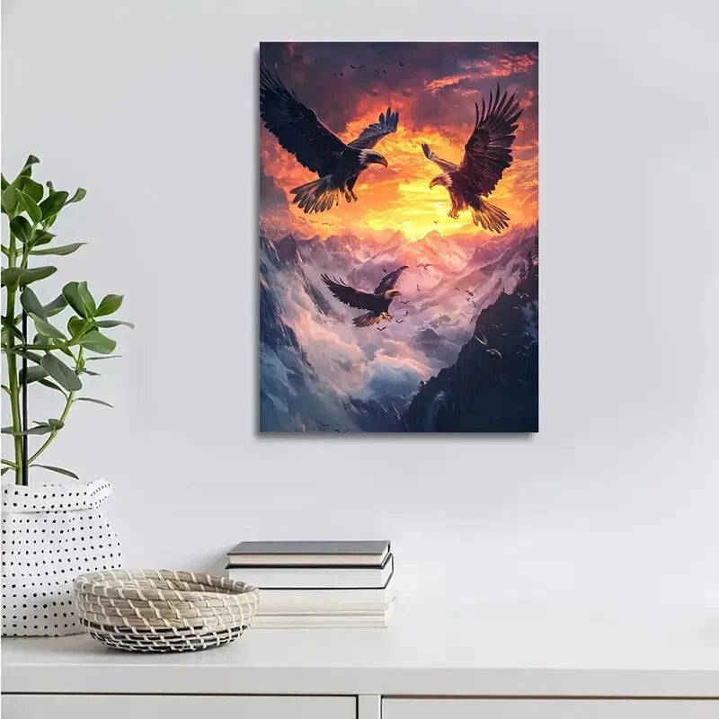 Fantasy Eagles Sunset Mountain Scene Painting  40x60cm Metal Print Ready to Hang - Bella Home Decor