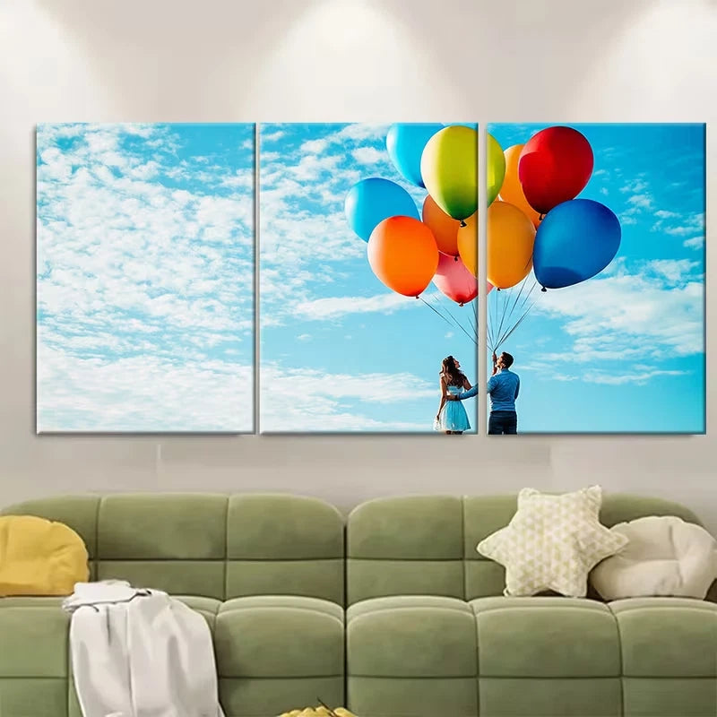 3pcs Couple In Love Holding Colorful Balloons Metal Print Ready to Hang Art - Bella Home Decor