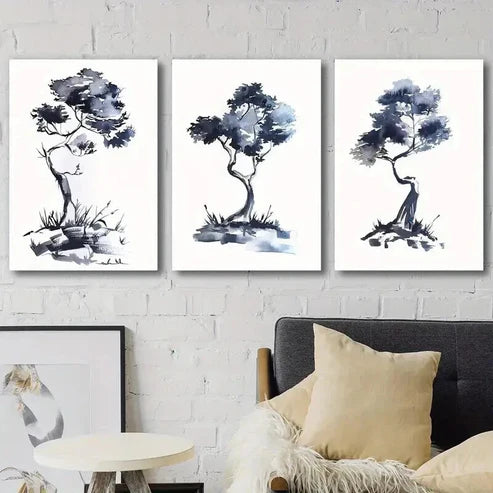 3pcs Blue & Black Abstract Tree Paintings Wall Art Set Canvas Unframed - High Quality Print 100% Australian Made Wall Canvas - Bella Home Decor