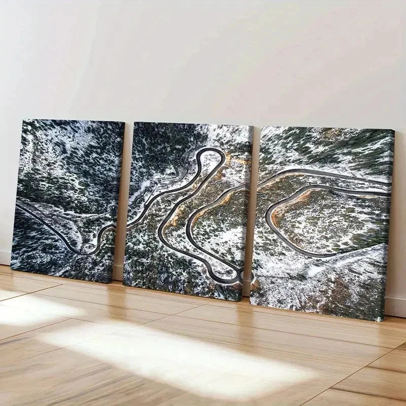 3pcs Snow Scene Forest Road Modern Wall Art Set Canvas Framed 50x70cm - High Quality Print 100% Australian Made Wall Canvas Ready to Hang