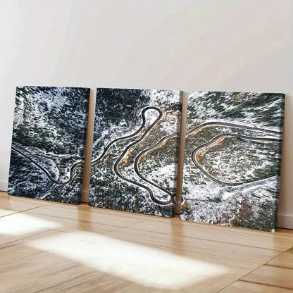 3pcs Snow Scene Forest Road Modern Wall Art Set Canvas Framed 50x70cm - High Quality Print 100% Australian Made Wall Canvas Ready to Hang