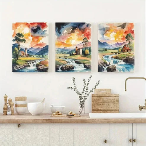 3pcs Serene River Waterfall & Mountain Landscape Wall Art Canvas Unframed - High Quality Print 100% Australian Made Wall Canvas