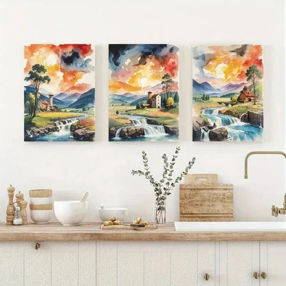 3pcs Serene River Waterfall & Mountain Landscape Wall Art Canvas Unframed - High Quality Print 100% Australian Made Wall Canvas