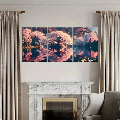 3pcs Japanese Sakura Lake Modern Wall Art Set Canvas Framed 50x70cm - High Quality Print 100% Australian Made Wall Canvas Ready to Hang