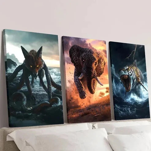 3pcs Wolf an Elephant And a Tiger Shark Wall Art Set Canvas Unframed - High Quality Print 100% Australian Made Wall Canvas