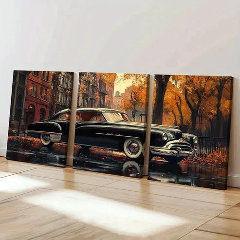 3pcs Vintage Car Autumn Leaves Decor Wall Art Canvas Unframed - High Quality Print 100% Australian Made Wall Canvas