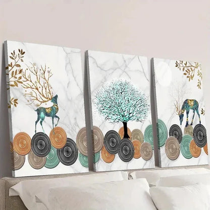 3pcs Ginkgo Leaf Golden Geometric Elk Wall Art Set Canvas Unframed - High Quality Print 100% Australian Made Wall Canvas
