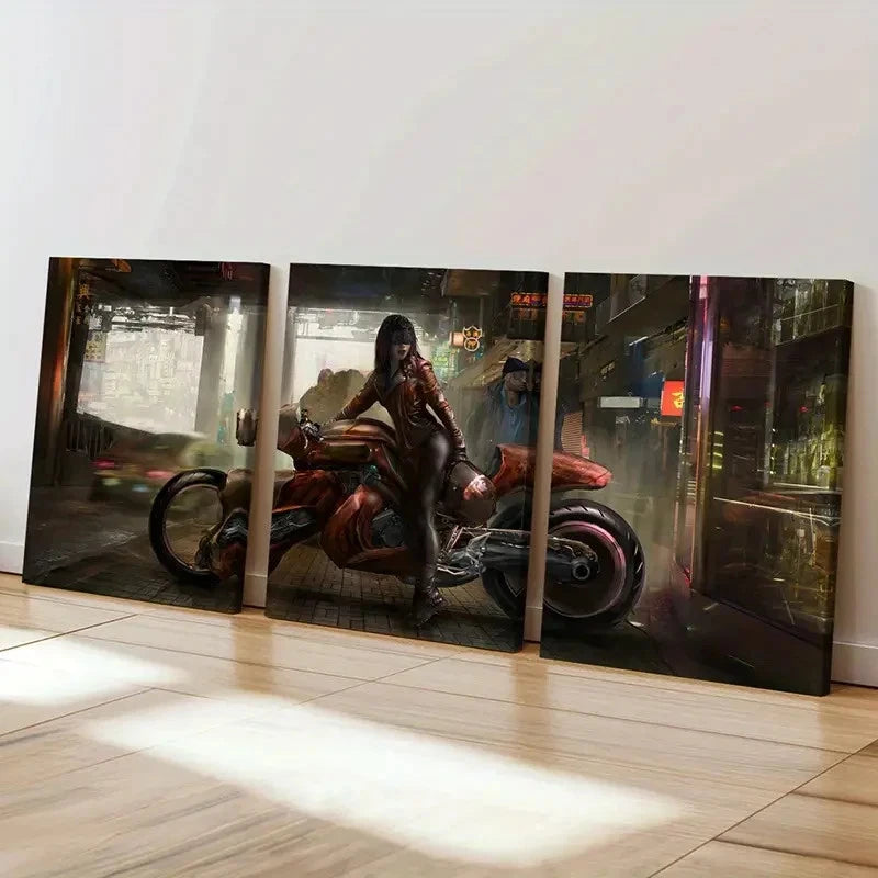 3pcs Beautiful Anime Girl with Motorcycle  Wall Art Set Canvas Framed 60x90cm - High Quality Print 100% Australian Made Wall Canvas Ready to Hang - Bella Home Decor