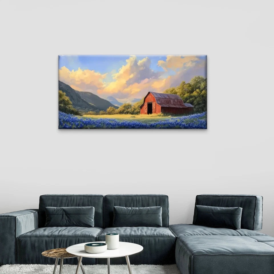 Red Barn Lambang Field Flowers Wall Art Canvas Office Home Room Framed 120x60cm