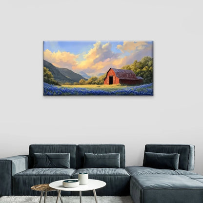 Red Barn Lambang Field Flowers Wall Art Canvas Office Home Room Framed 120x60cm