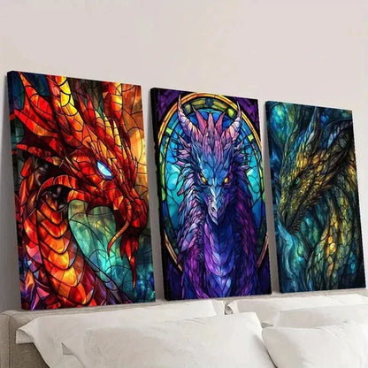 3pcs Stained Glass Fantasy Dragon Design Wall Art Canvas Unframed - High Quality Print 100% Australian Made Wall Canvas