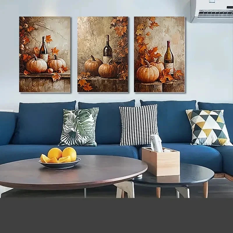 3pcs Pumpkins Wine Bottles & Fall Leaves  Wall Art Canvas Framed 40x60cm - High Quality Print 100% Australian Made Wall Canvas Ready to Hang - Bella Home Decor
