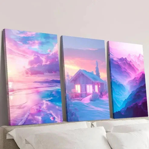 3pcs Pink Colored Houses in the Snow Wall Art Canvas Unframed - High Quality Print 100% Australian Made Wall Canvas
