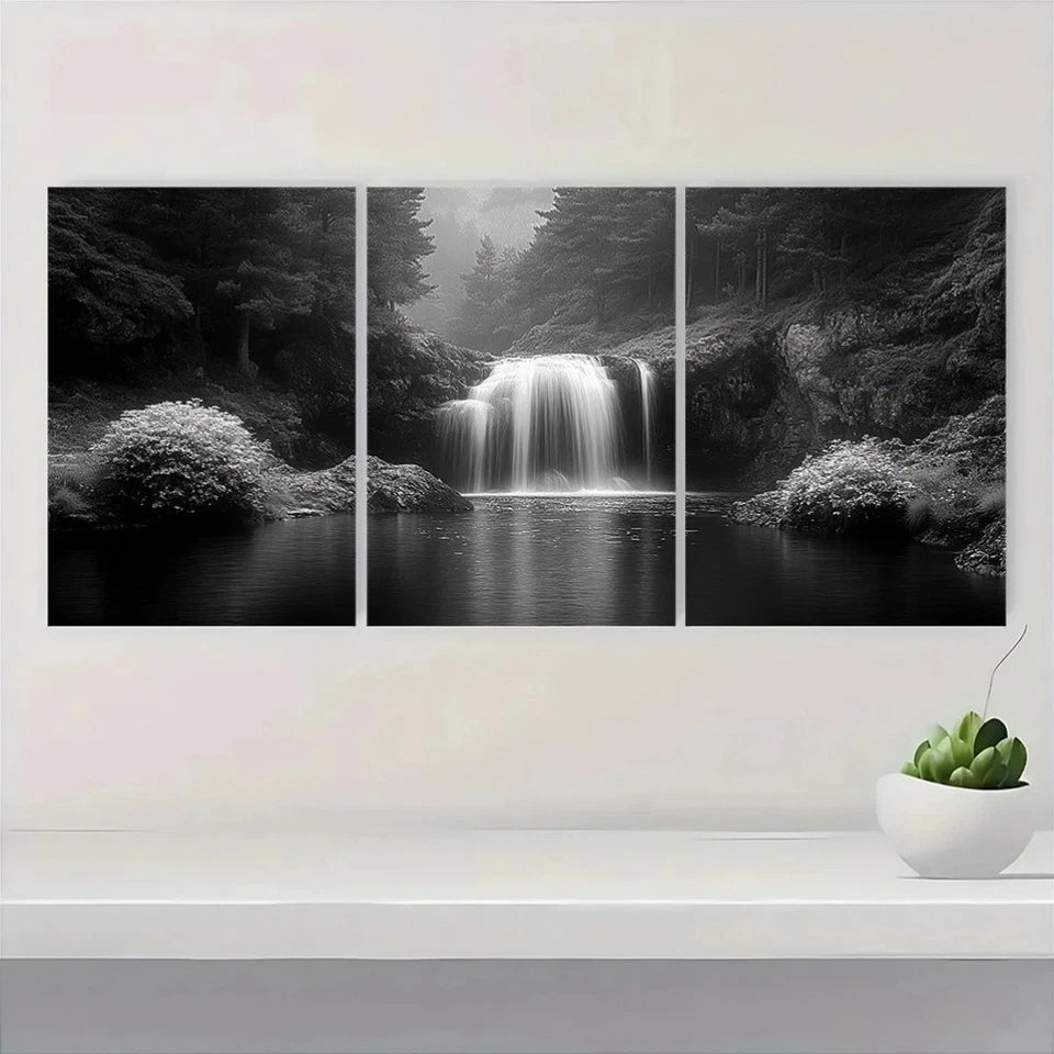 3pcs Black and White Waterfall Serene Forest Wall Art Set Canvas Framed 60x90cm - High Quality Print 100% Australian Made Wall Canvas Ready to Hang - Bella Home Decor