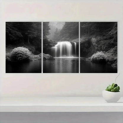 3pcs Black and White Waterfall Serene Forest Wall Art Set Canvas Framed 60x90cm - High Quality Print 100% Australian Made Wall Canvas Ready to Hang - Bella Home Decor