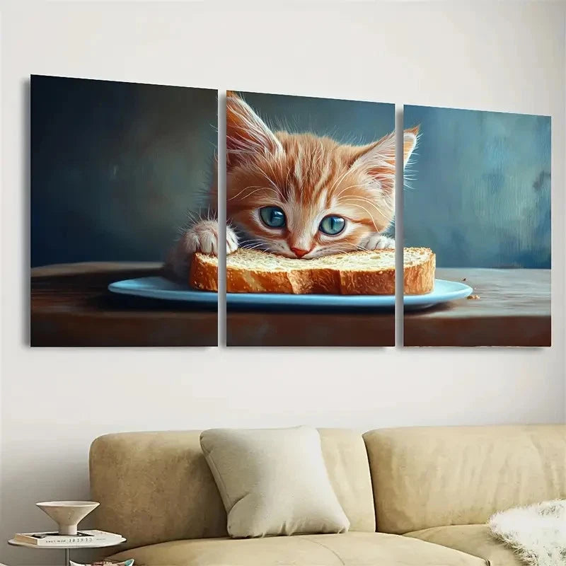 3pcs Whimsical Little Cat Eating Bread Toast Wall Art Set Canvas Framed 60x90cm - High Quality Print 100% Australian Made Wall Canvas Ready to Hang - Bella Home Decor