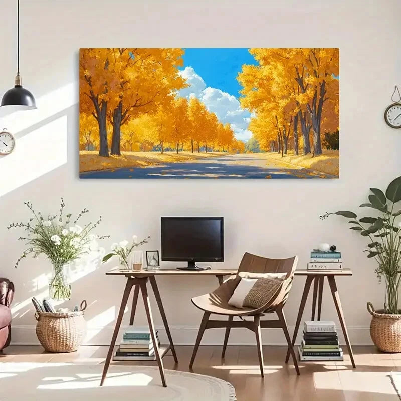 Autumn Road Yellow Leaves Blue Wall Art Canvas Office Home Room Framed 120x60cm - Bella Home Decor