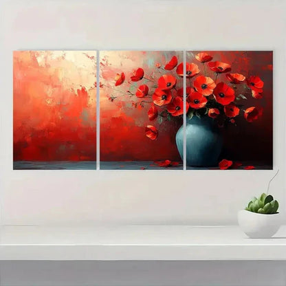 3pcs Abstract Red Flower Vase Bouquet Design Wall Art Canvas Unframed - High Quality Print 100% Australian Made Wall Canvas - Bella Home Decor
