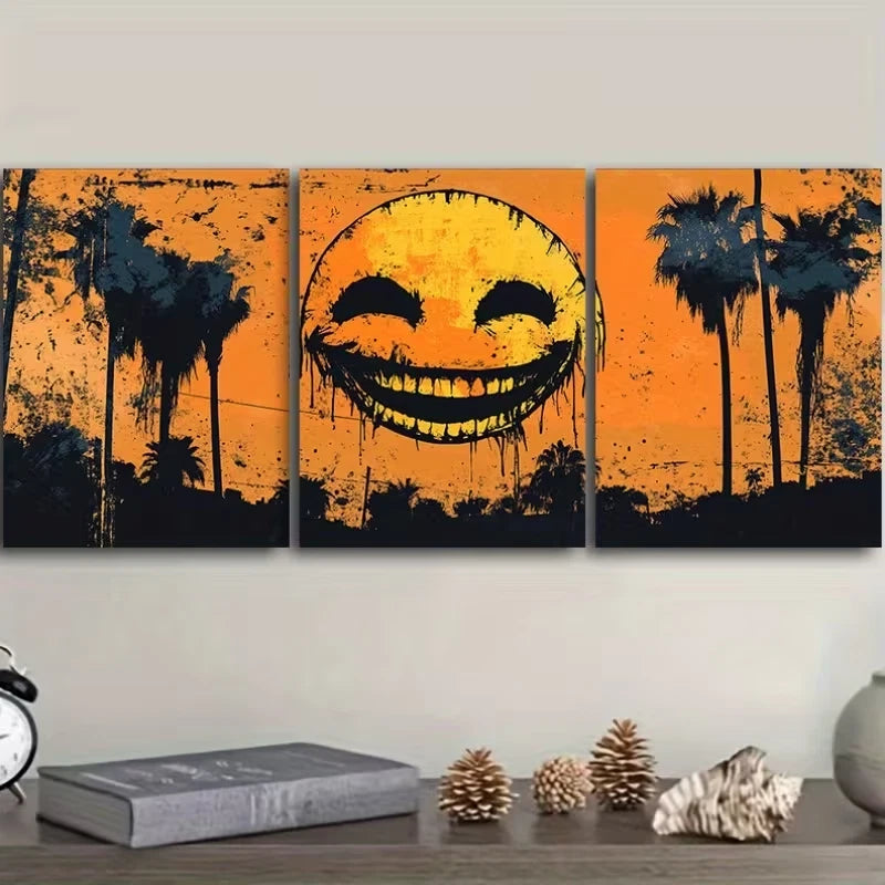 3pcs Smiling Face, Yellow Sun In The Sky Metal Print Ready to Hang Art