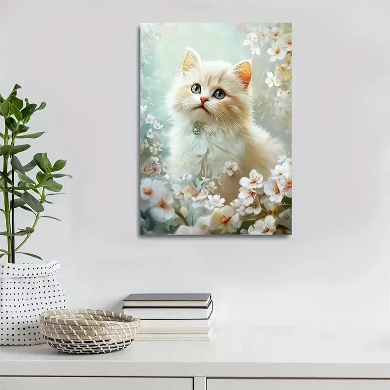 Cute Persian Cat Kitten with Flowers Painting 40x60cm Metal Print Ready to Hang - Bella Home Decor