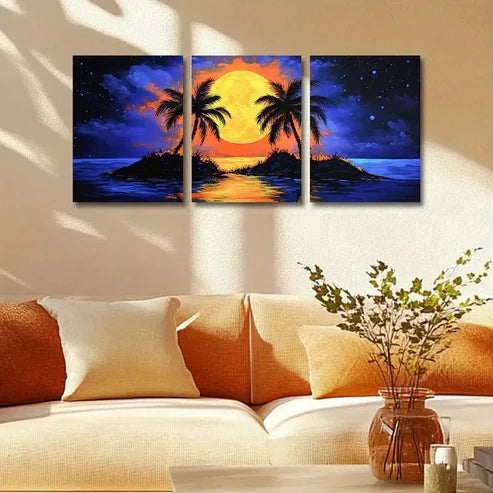 3pcs Tropical Sunset Dark Blue Wall Art Set Canvas Unframed - High Quality Print 100% Australian Made Wall Canvas