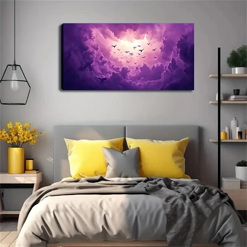 Birds in Purple Clouds Modern Wall Art Canvas Office Home Room Framed 120x60cm - Bella Home Decor