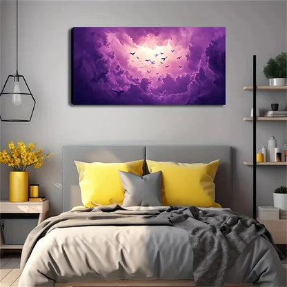 Birds in Purple Clouds Modern Wall Art Canvas Office Home Room Framed 120x60cm - Bella Home Decor