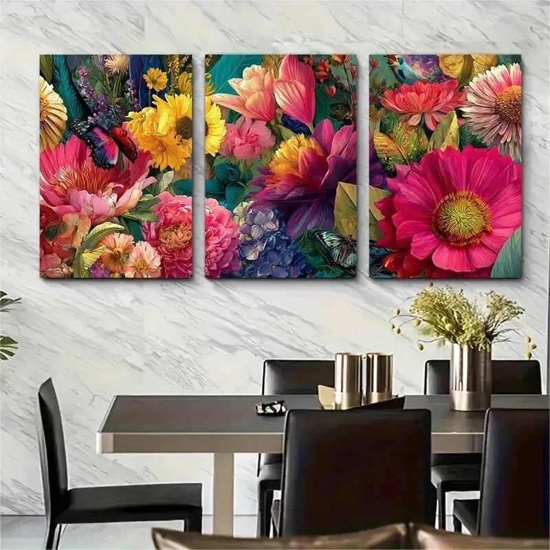 3pcs Vibrant Floral Colorful Bouquet Perfect Wall Art Set Canvas Framed 50x70cm - High Quality Print 100% Australian Made Wall Canvas Ready to Hang