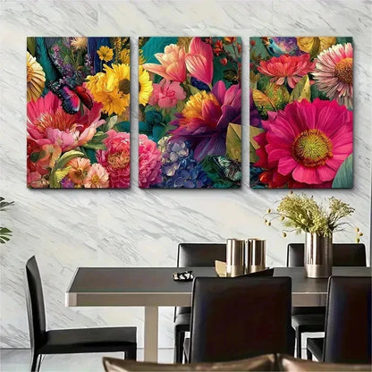 3pcs Vibrant Floral Colorful Bouquet Perfect Wall Art Set Canvas Framed 50x70cm - High Quality Print 100% Australian Made Wall Canvas Ready to Hang