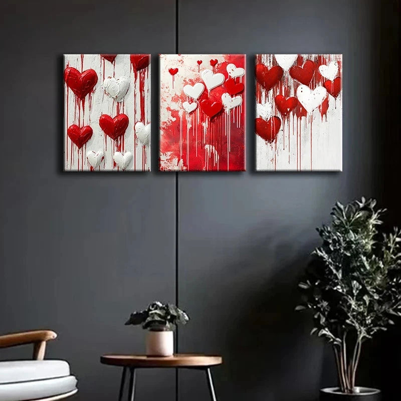 3pcs Red and White Hearts Dripping with Paint Metal Print Ready to Hang Art - Bella Home Decor