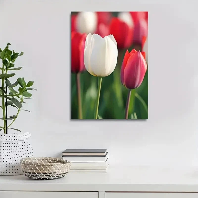 Red & White Tulips with Green Foliage,Painting 40x60cm Metal Print Ready to Hang - Bella Home Decor
