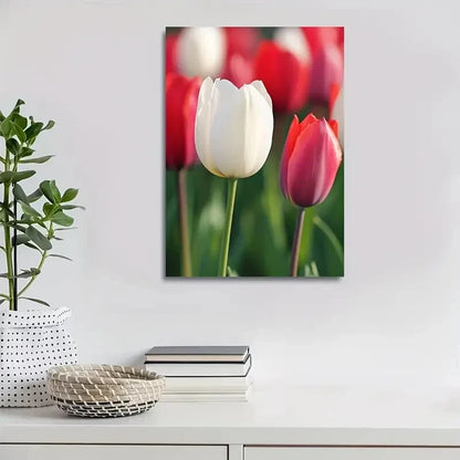 Red & White Tulips with Green Foliage,Painting 40x60cm Metal Print Ready to Hang - Bella Home Decor