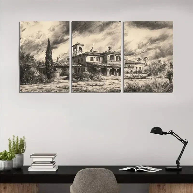 3pcs Spanish Hacienda Under a Stormy Sky Wall Art Canvas Unframed – High Quality Print 100% Australian Made Wall Canvas