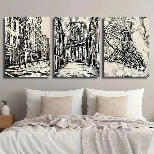 3pcs Black & White New York City Street Map Wall Art Canvas Unframed - High Quality Print 100% Australian Made Wall Canvas - Bella Home Decor