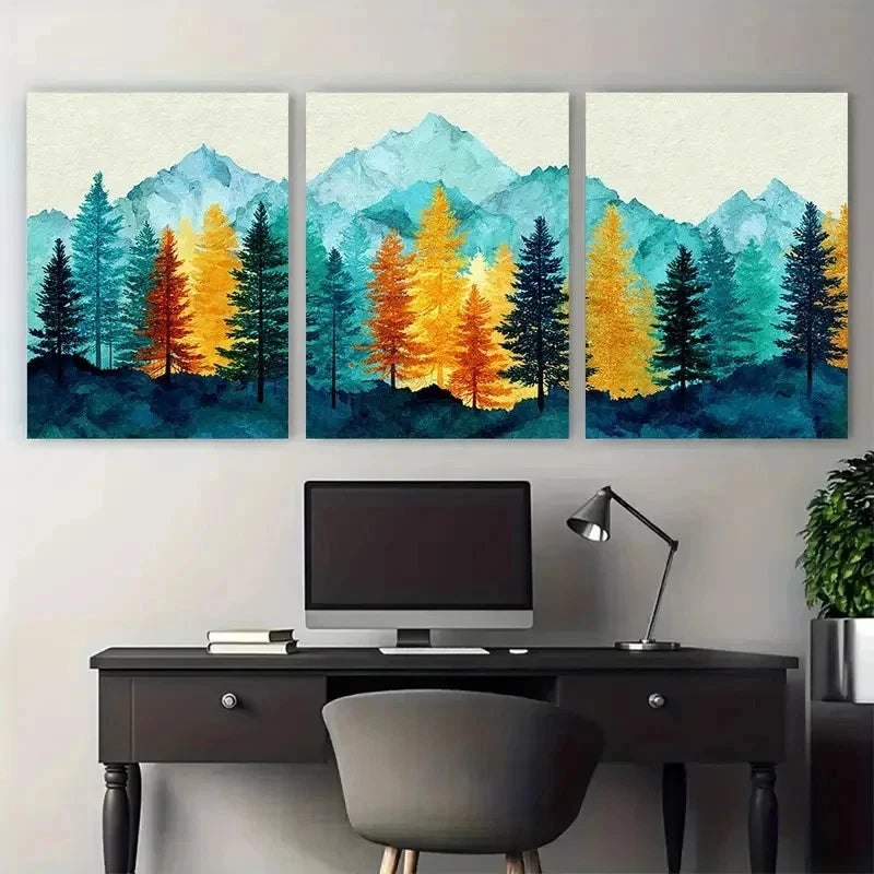 3pcs Fall Mountain & Forest Piece Decor Perfect Wall Art Set Canvas Framed 50x70cm - High Quality Print 100% Australian Made Wall Canvas Ready to Hang