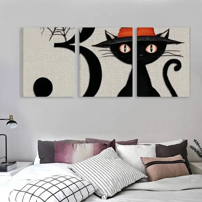 3pcs Spooky Black Cat In A Hat Decor  Wall Art Set Canvas Framed 40x60cm - High Quality Print 100% Australian Made Wall Canvas Ready to Hang