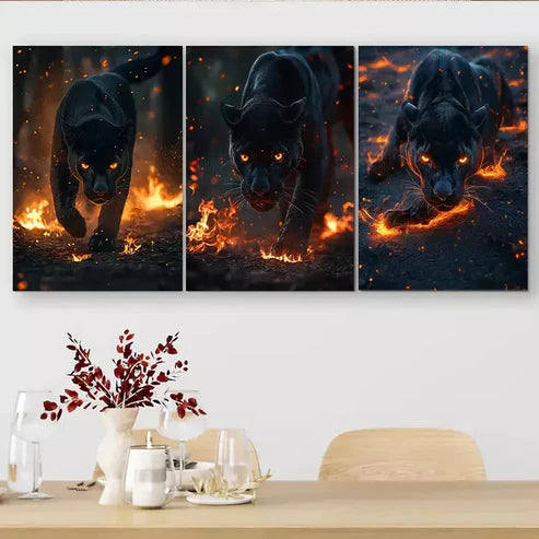 3 PCS Flame Surrounded Black Panther Triptych Wall Art Set Canvas Unframed - High Quality Print 100% Australian Made Wall Canvas - Bella Home Decor