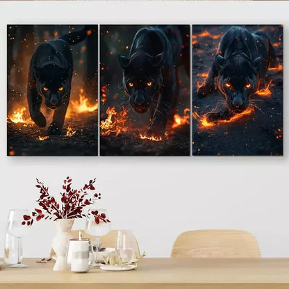 3 PCS Flame Surrounded Black Panther Triptych Wall Art Set Canvas Unframed - High Quality Print 100% Australian Made Wall Canvas - Bella Home Decor