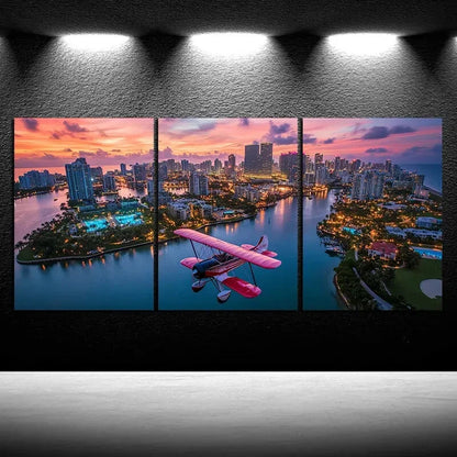 3pcs Pink Airplanes Over The City Metal Print Ready to Hang Art - Bella Home Decor
