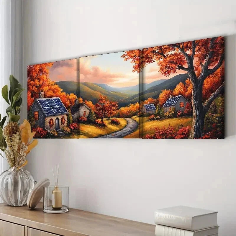 3pcs Autumn Sun House Waterproof Nature Perfect Wall Art Set Canvas Framed 60x90cm - High Quality Print 100% Australian Made Wall Canvas Ready to Hang
