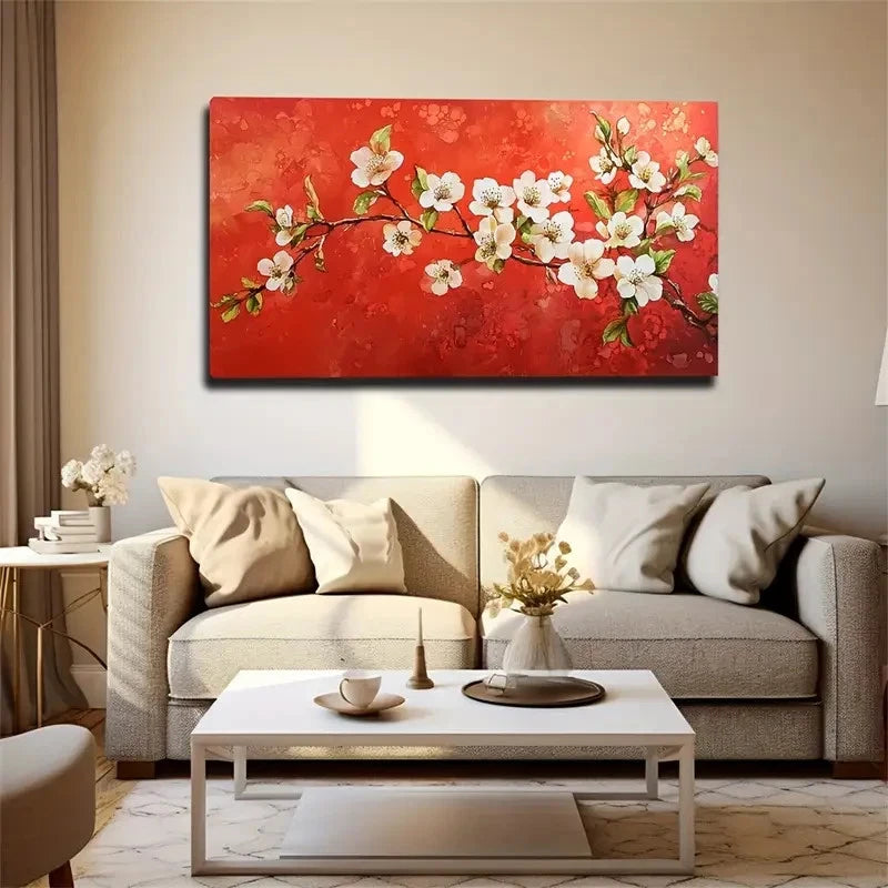 White Flowers On Red Natural Wall Art Canvas Office Home Room Framed 120x60cm