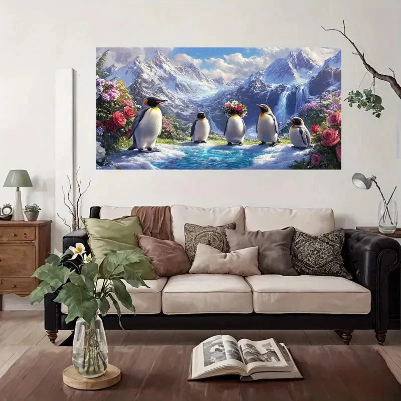 Penguin Family In Snowy Wall Art Canvas Office Home Room Framed 120x60cm