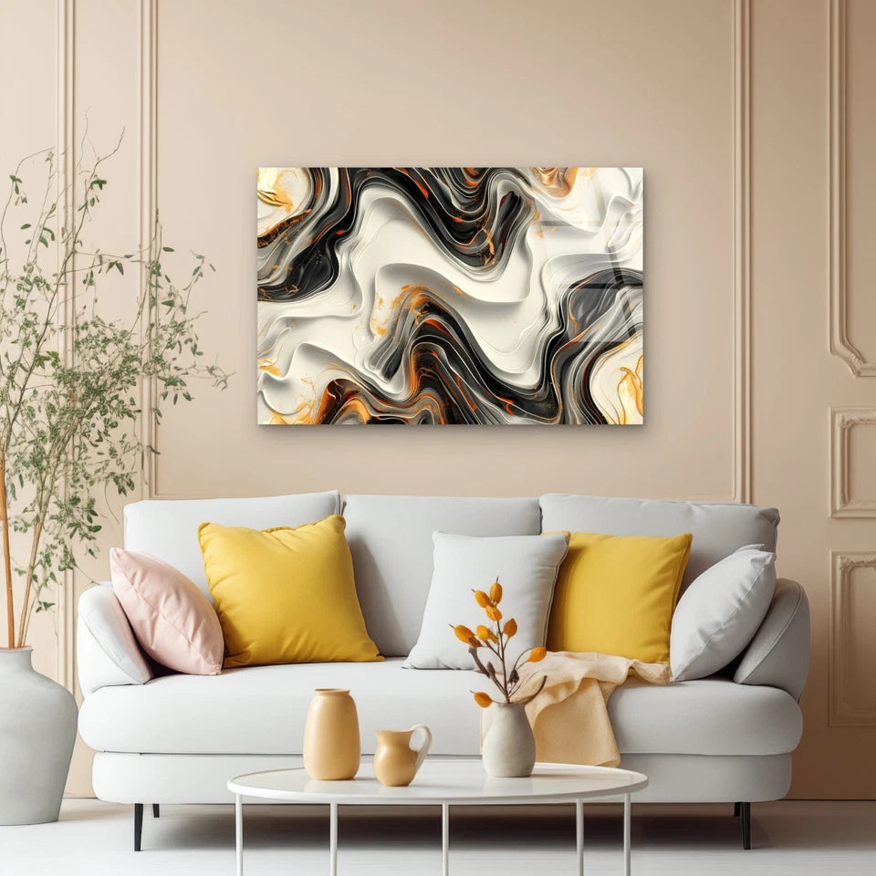 Elegant Black White Gold Wavy Abstract Acrylic Glass Printing Wall Art Australian Made Quality