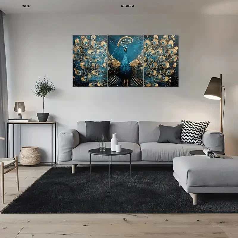 3pcs Blue and Golden Peacock Metal Print Ready to Hang Art - Bella Home Decor