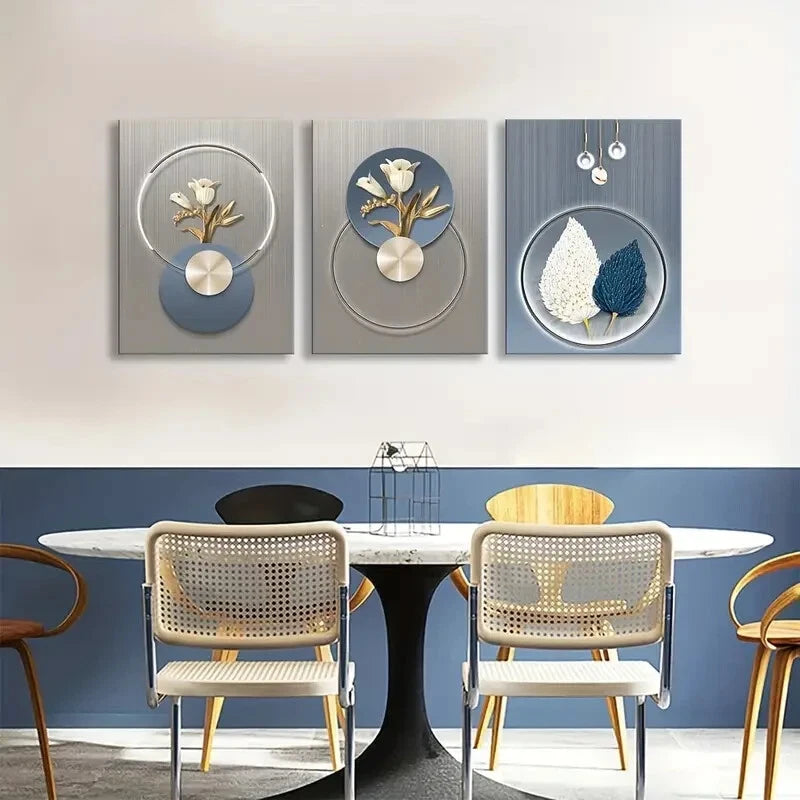 3pcs Abstract Flower Rust Spray Painted Metal Print Ready to Hang Art - Bella Home Decor