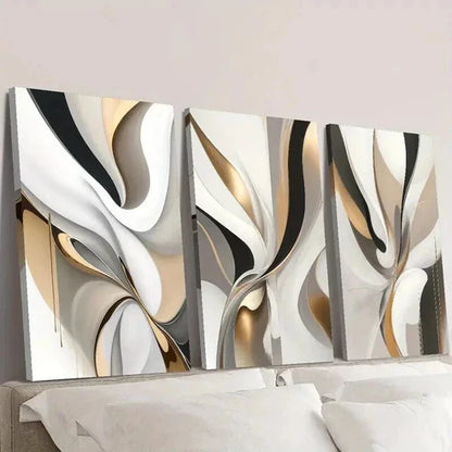 3pcs Gold and White Luxury Line Painting Wall Art Set Canvas Unframed - High Quality Print 100% Australian Made Wall Canvas - Bella Home Decor