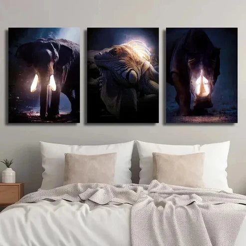 3pcs Glowing Elephant Iguana & Rhino Wall Art Canvas Unframed - High Quality Print 100% Australian Made Wall Canvas - Bella Home Decor