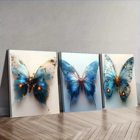 3 PCS Blue Mechanical Butterfly Wall Art Set Canvas Unframed - High Quality Print 100% Australian Made Wall Canvas