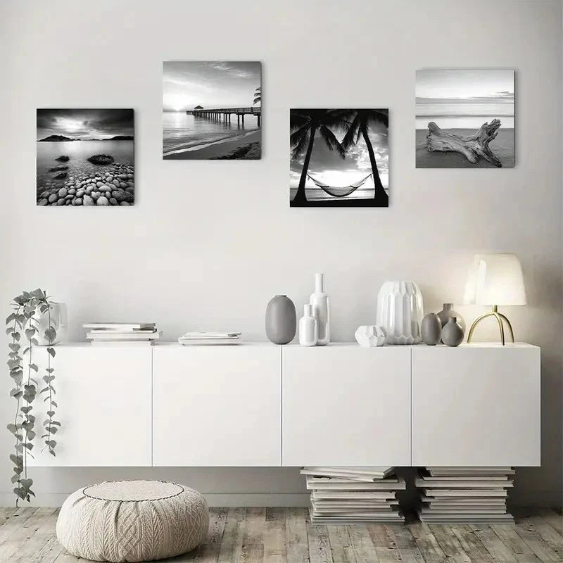4pcs Black And White Beach Sunrise On Sea Scener Wall Art Canvas Framed